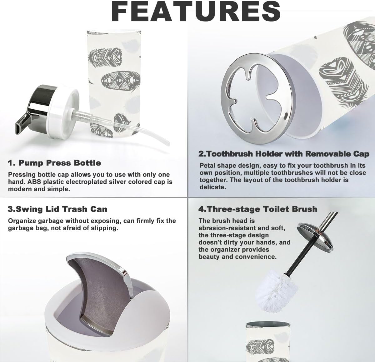 6 Pcs Bathroom Accessories Set with Feather Silhouettes Design