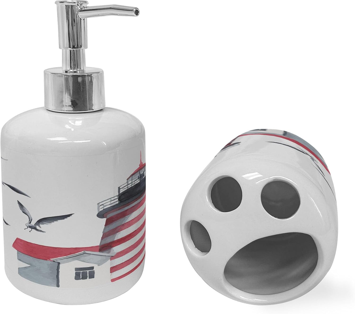 Ambesonne Lighthouse Soap Dispenser Toothbrush Holder Set 2 Pcs Red Grey White