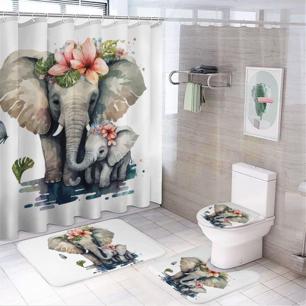 Kuizee 4 Piece Shower Curtain Set with Rugs and 12 Hooks 1