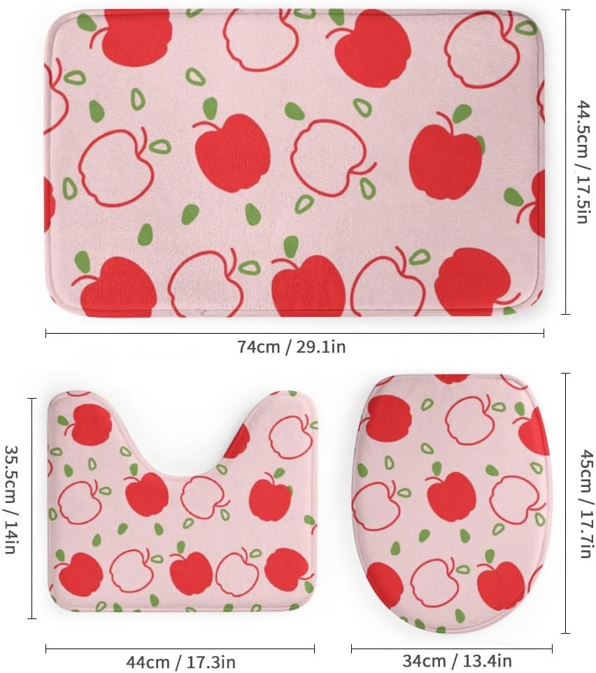 Kuizee 4-Piece Shower Curtain Set with Non-Slip Rugs - Apple Fruit Pink