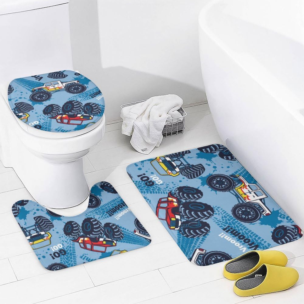 Kuizee 4-Piece Monster Truck Shower Curtain Set with Rugs and 12 Hooks