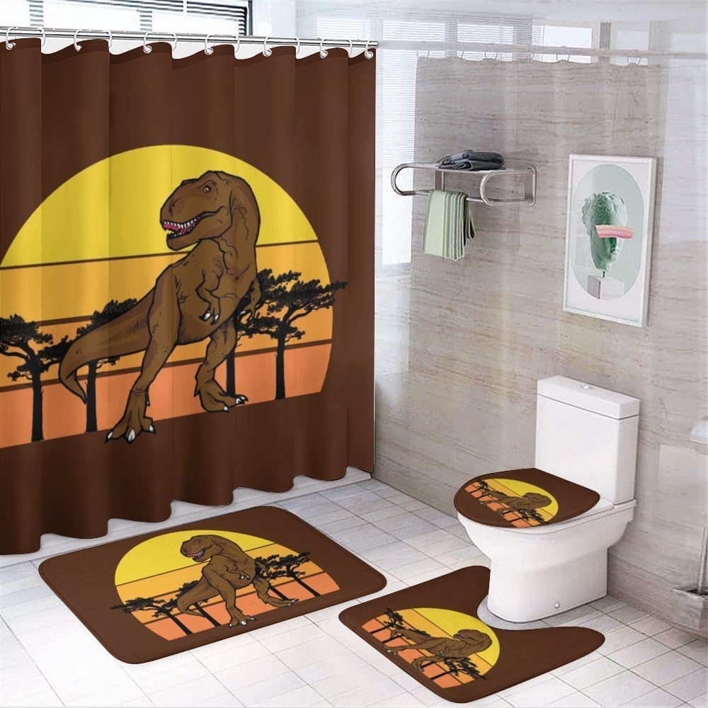 Kuizee Dinosaur Shower Curtain Set with Rugs 4Pcs