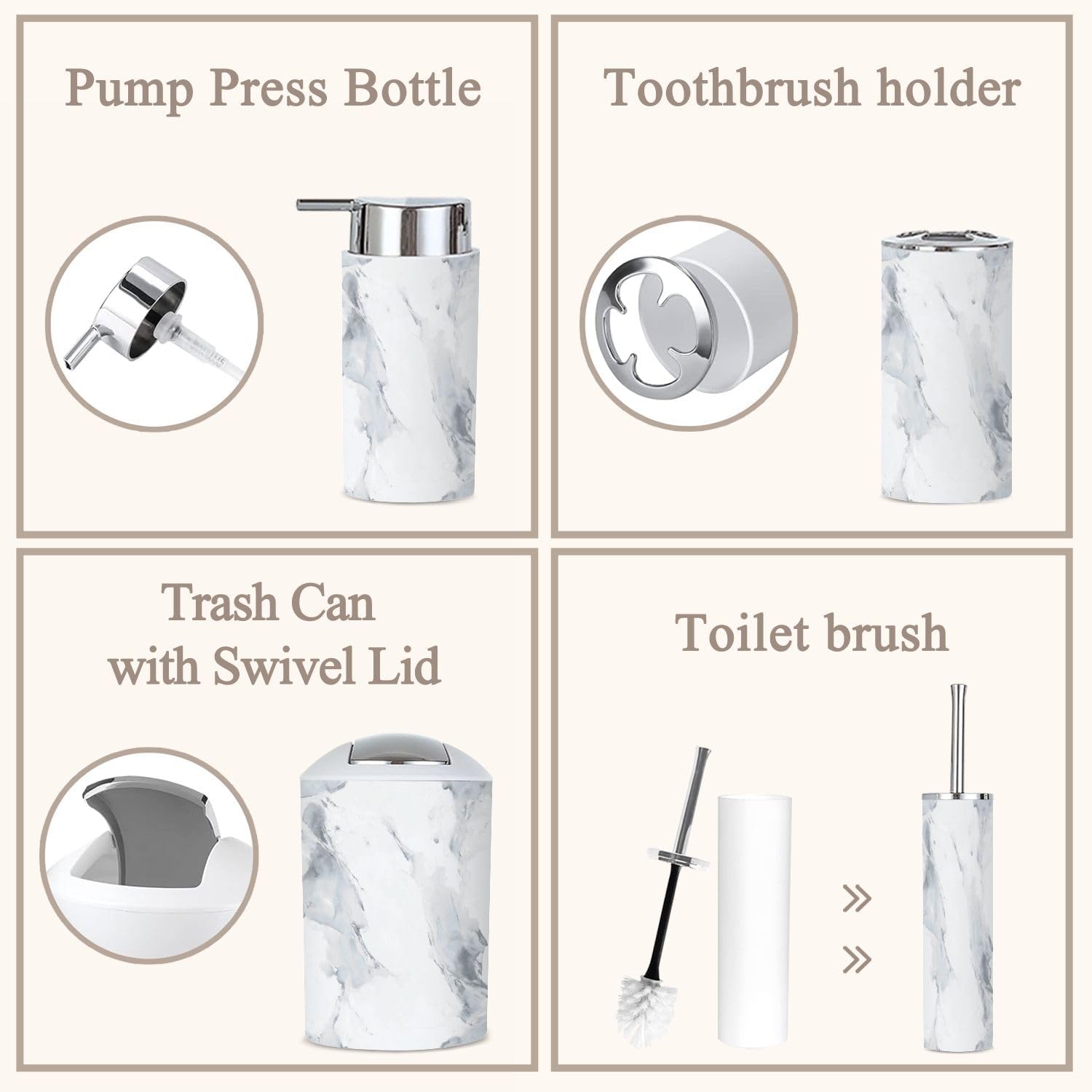 6 Piece Grey Marble Bathroom Accessories Set