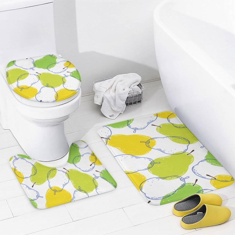 Kuizee 4-Piece Shower Curtain Set with Non-Slip Rugs Pear Fruits Texture