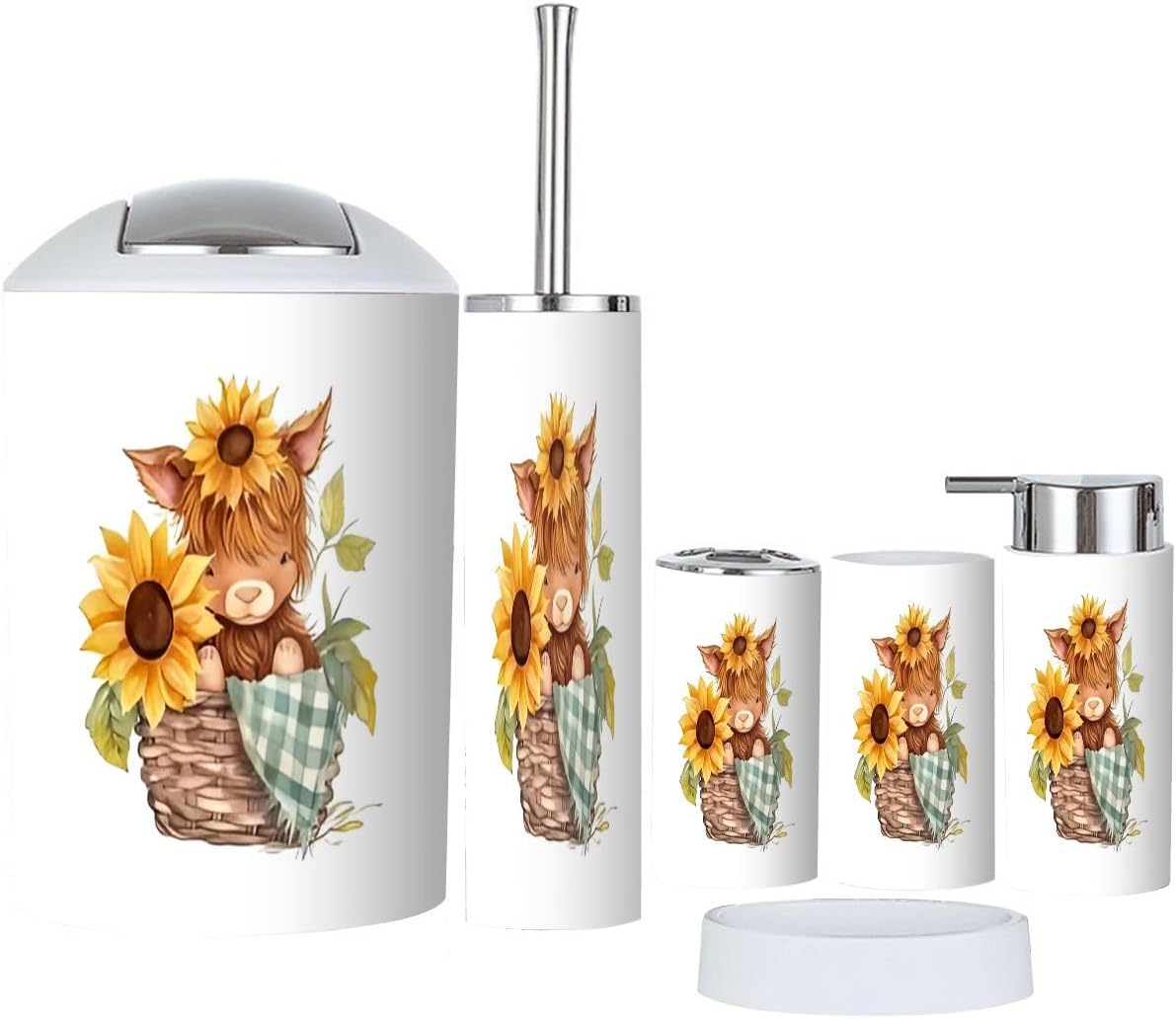 6-Piece Bathroom Accessories Set with Baby Highland Cow Design