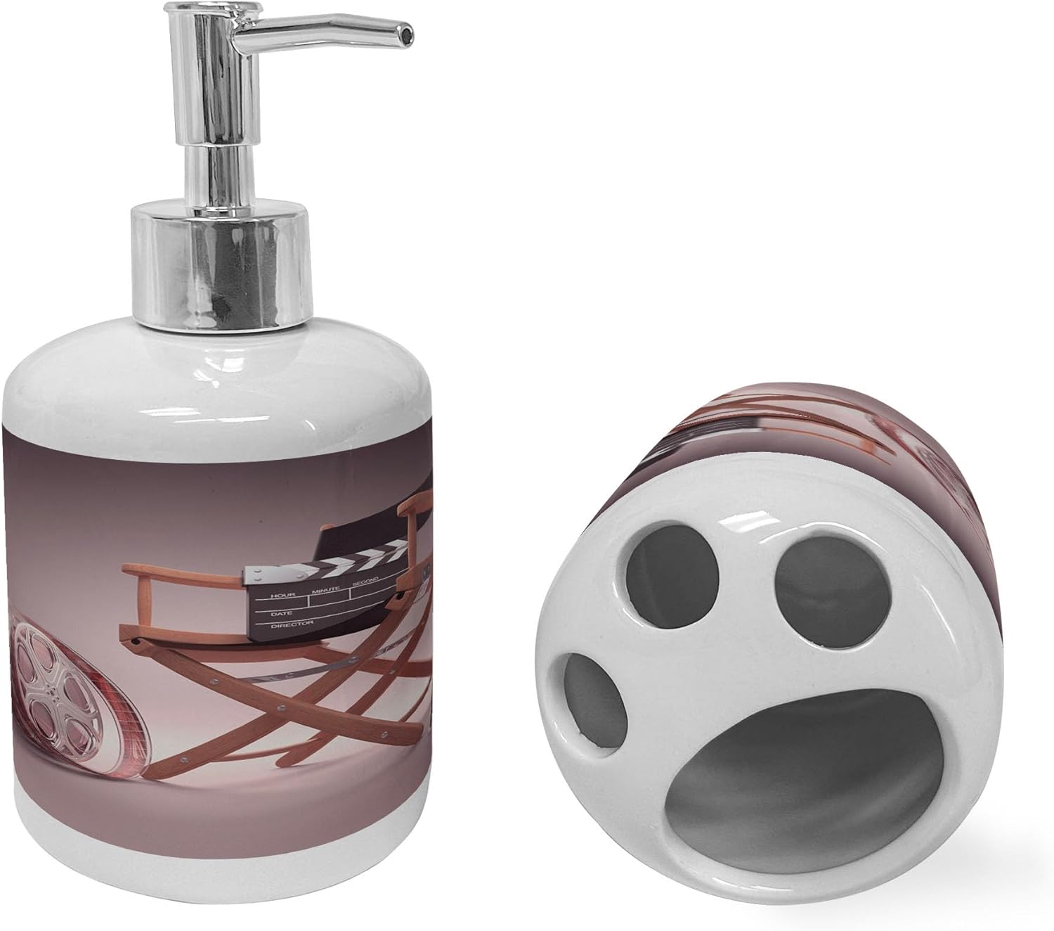 Ambesonne Dark Mauve Ceramic Soap Dispenser Toothbrush Holder Set