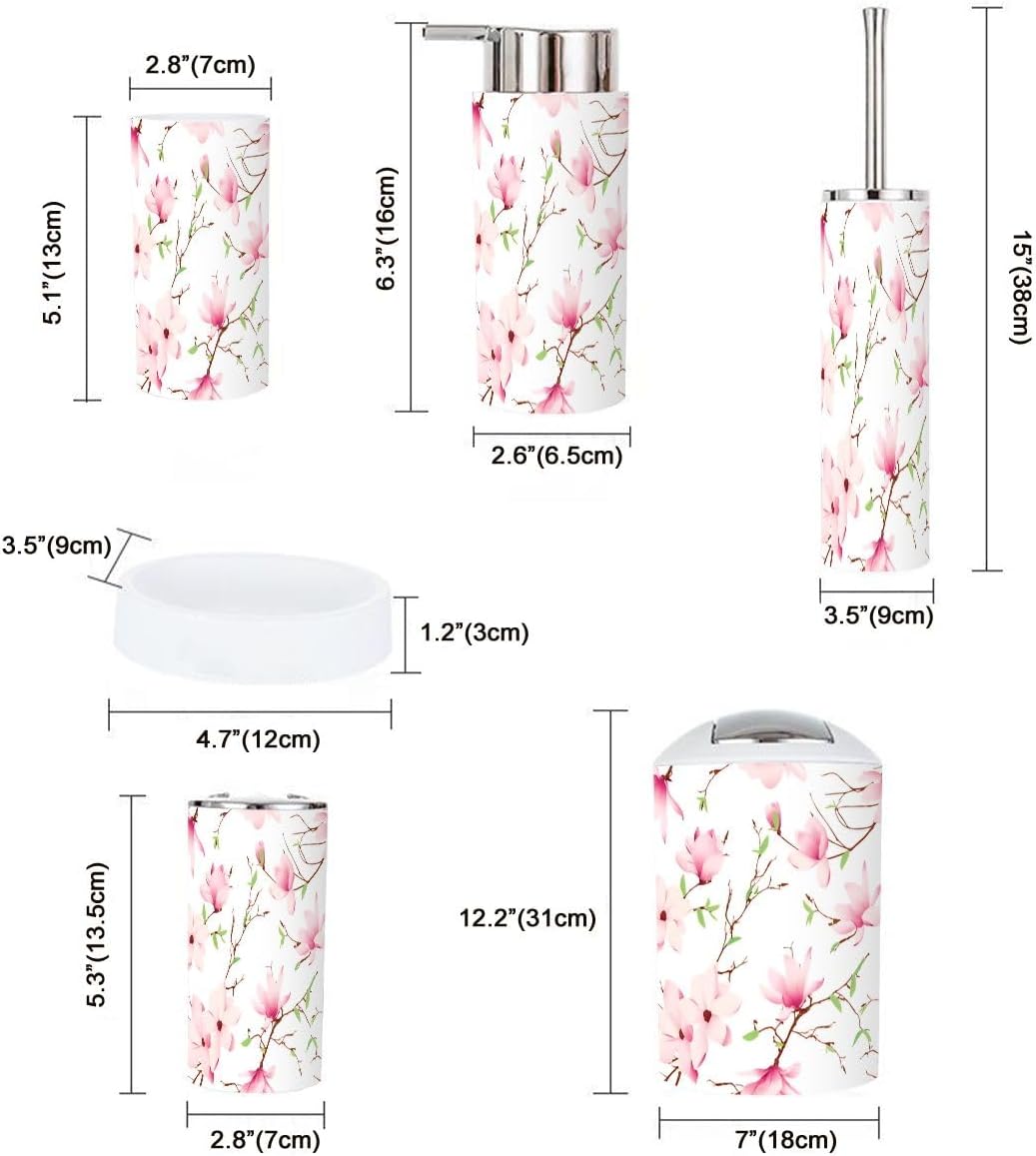 Bathroom Accessories Set 6 Pcs Spring Magnolia Flowers