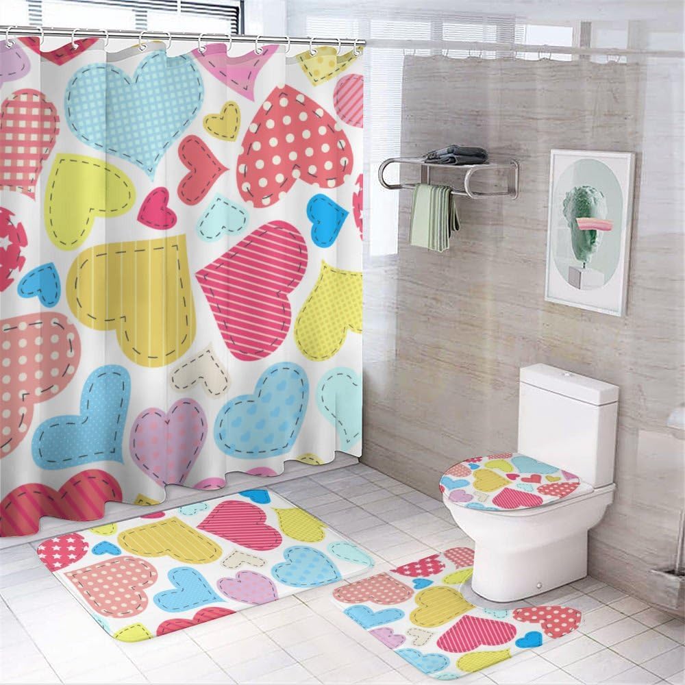 Kuizee Valentine Shower Curtain Set with 4 Pieces Rugs