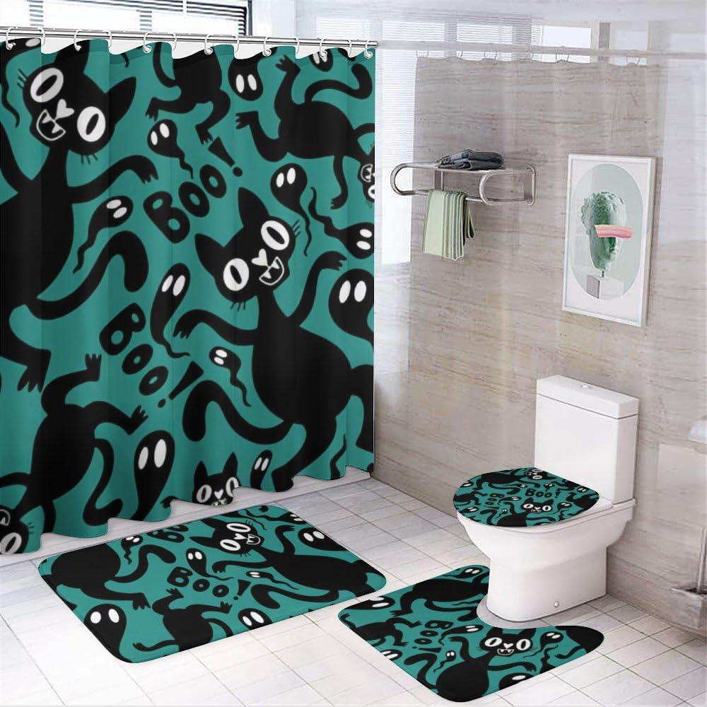 Kuizee Halloween Animals Shower Curtain Set 4 Pieces