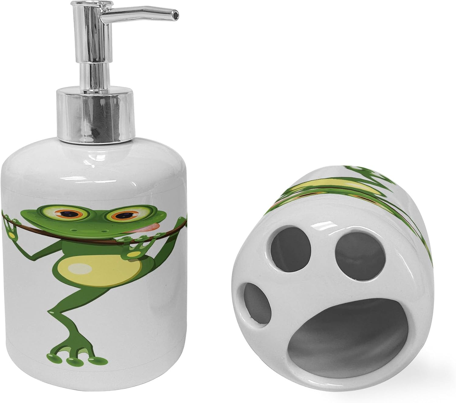 Ambesonne Little Frog Soap Toothbrush Holder Set 2 Pcs Green White Yellow