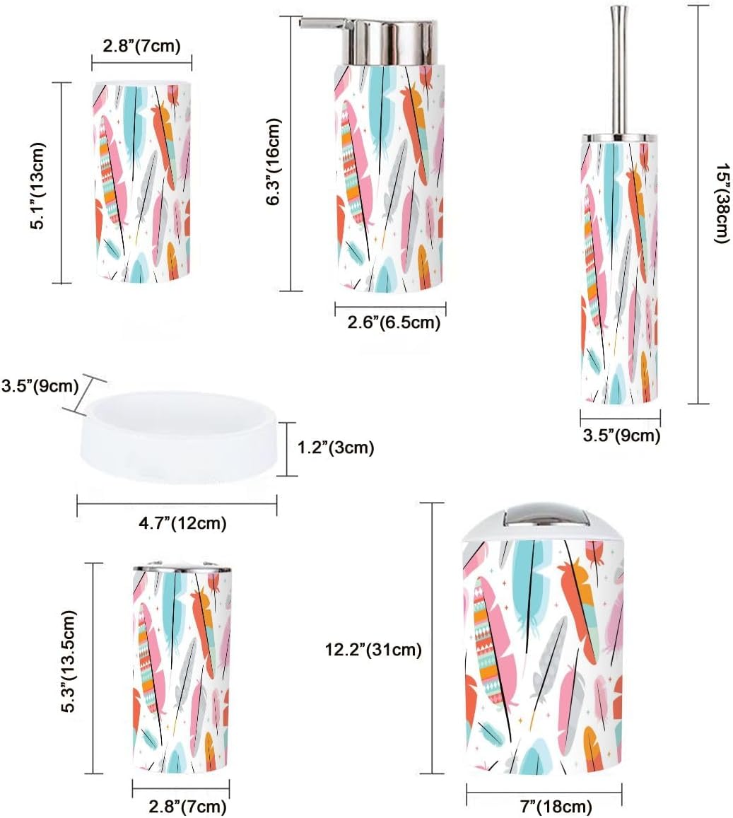 Modern Bathroom Accessories Set 6 Pcs with Feather Aztec Detail