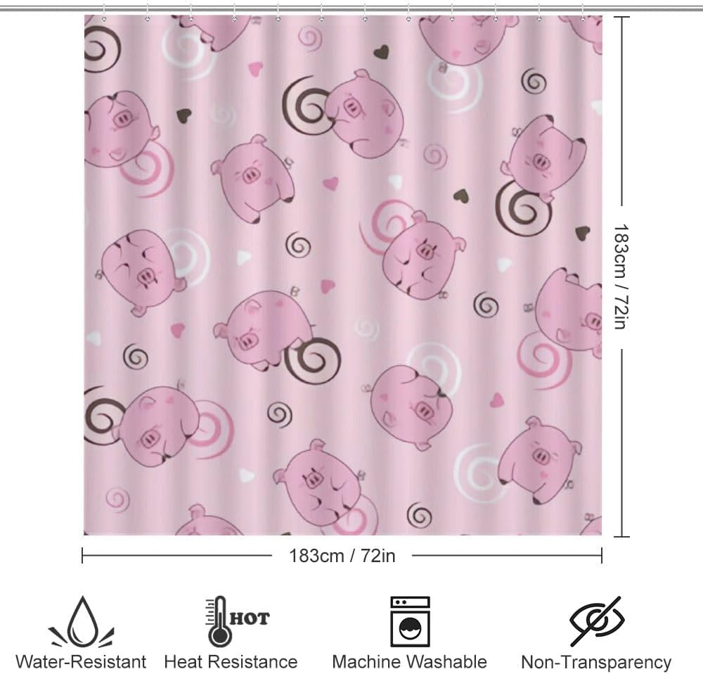 Kuizee 4-Piece Pig Spiral Pink Shower Curtain Set with Non-Slip Rugs