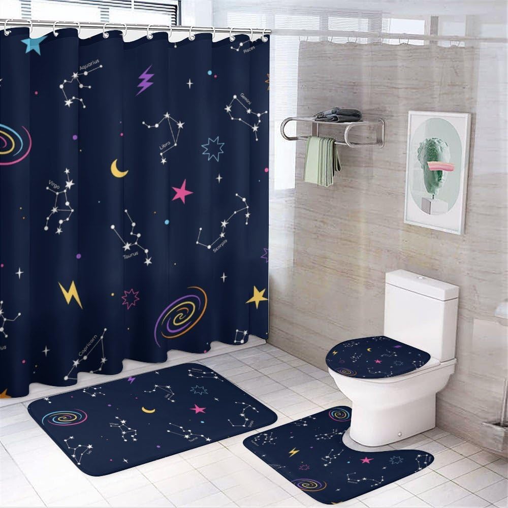 Kuizee 4-Piece Shower Curtain Set with Rugs - Zodiac Constellation Design
