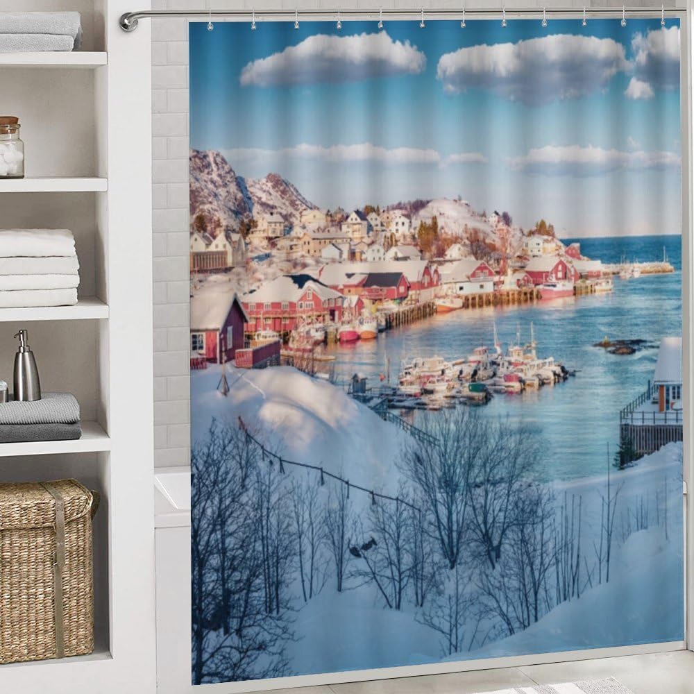 Kuizee 4 Piece Winter Scene Shower Curtain Set with Rugs and 12 Hooks