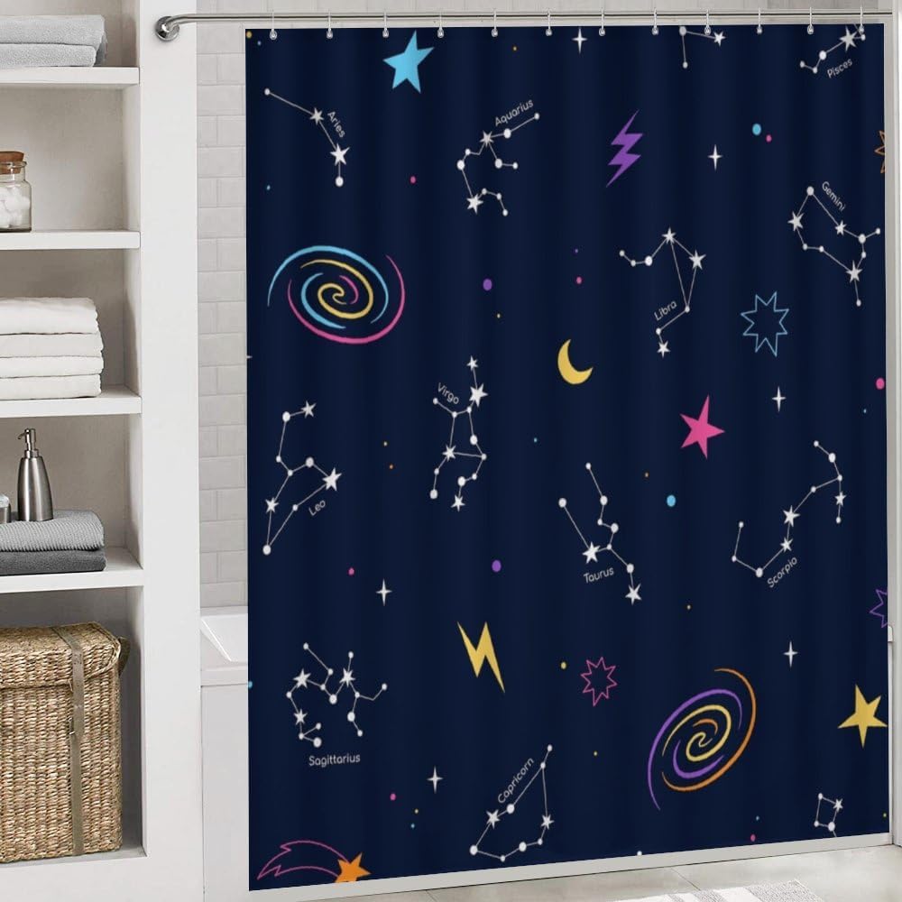 Kuizee 4-Piece Shower Curtain Set with Rugs - Zodiac Constellation Design
