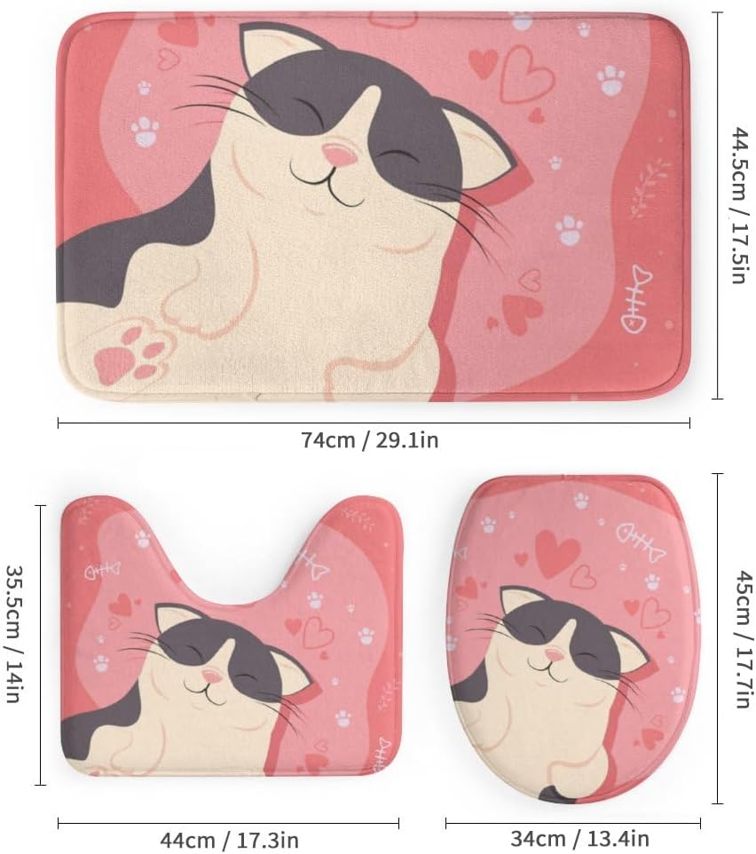 Kuizee 4-Piece Little Cat with Hearts Shower Curtain Set