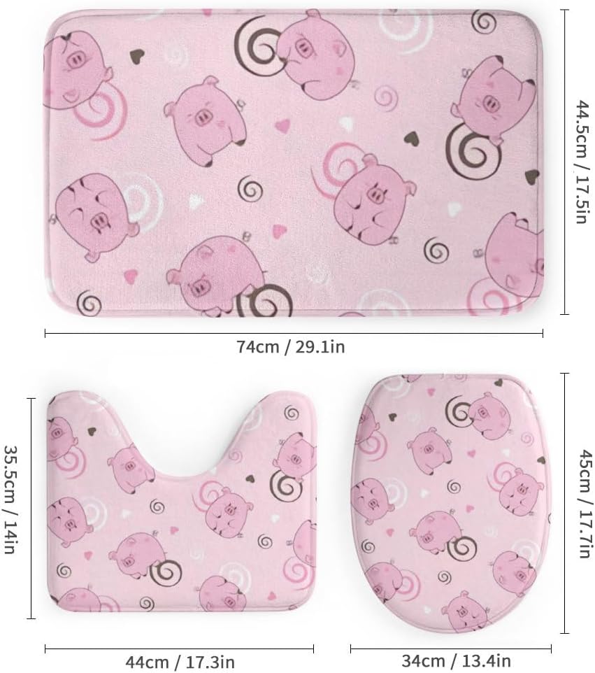 Kuizee 4-Piece Pig Spiral Pink Shower Curtain Set with Non-Slip Rugs