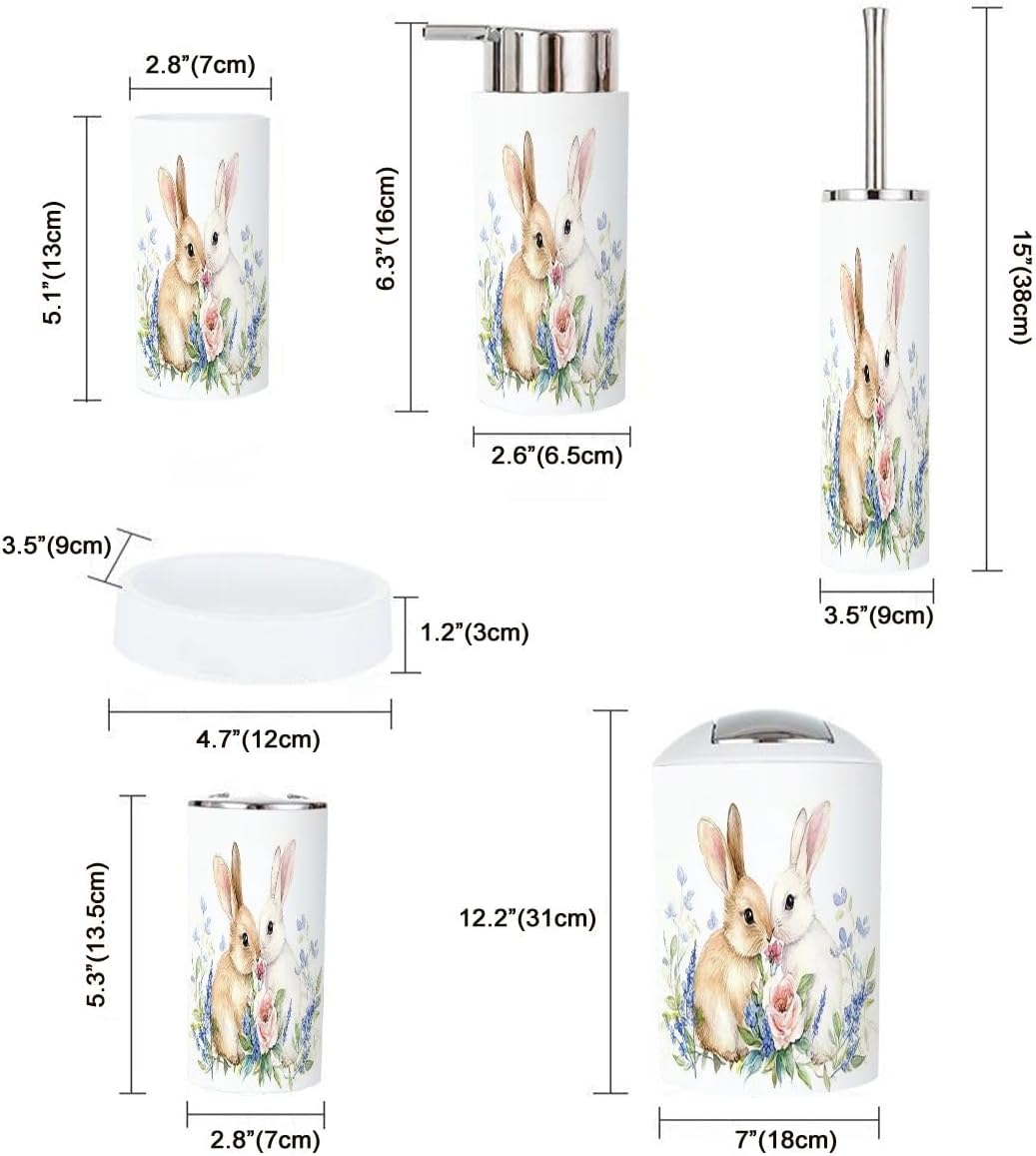 Boho Bathroom Accessory Set 6 Piece with Cute Bunnies and Flowers