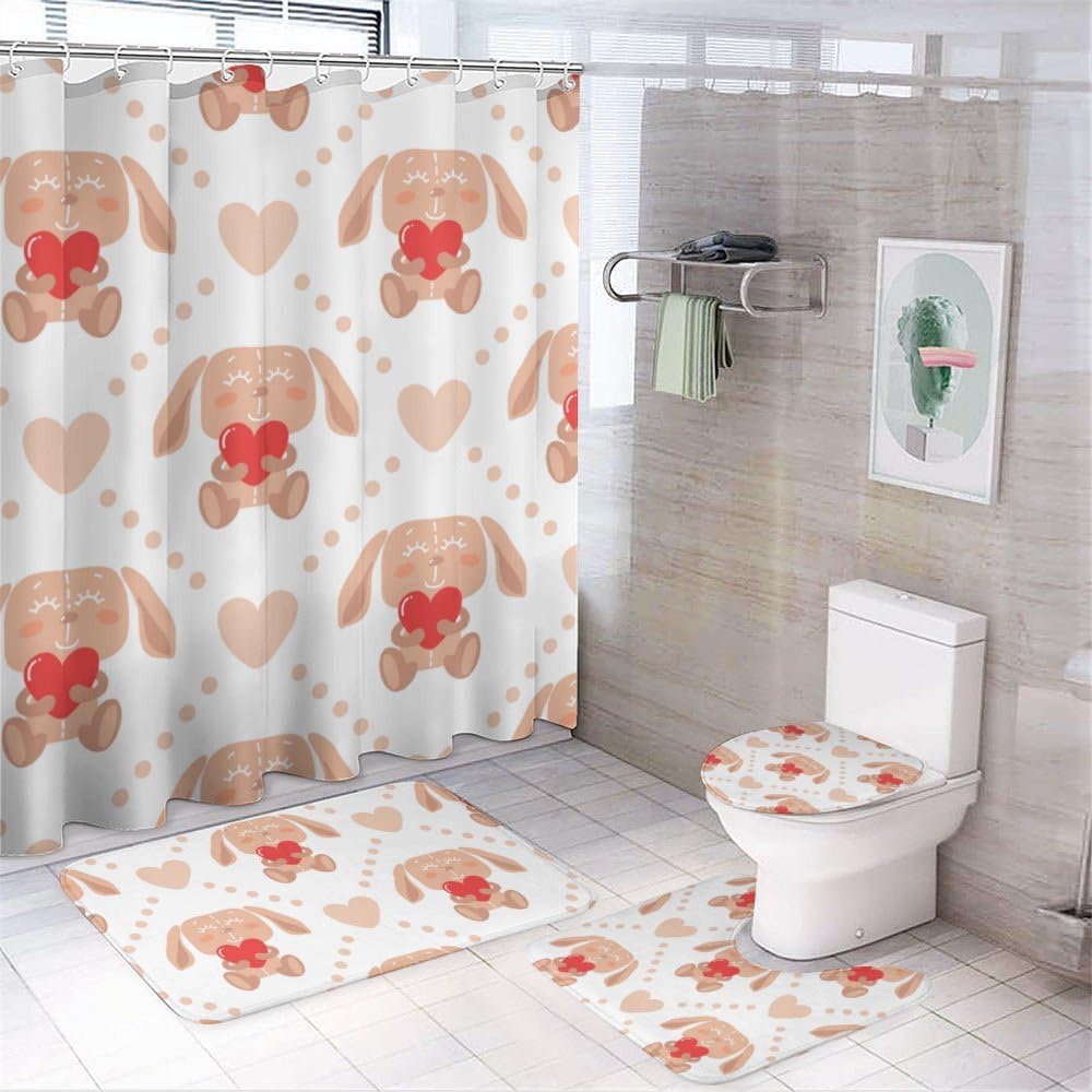 Kuizee Bunny Heart Shower Curtain Set with 4 Piece Rugs