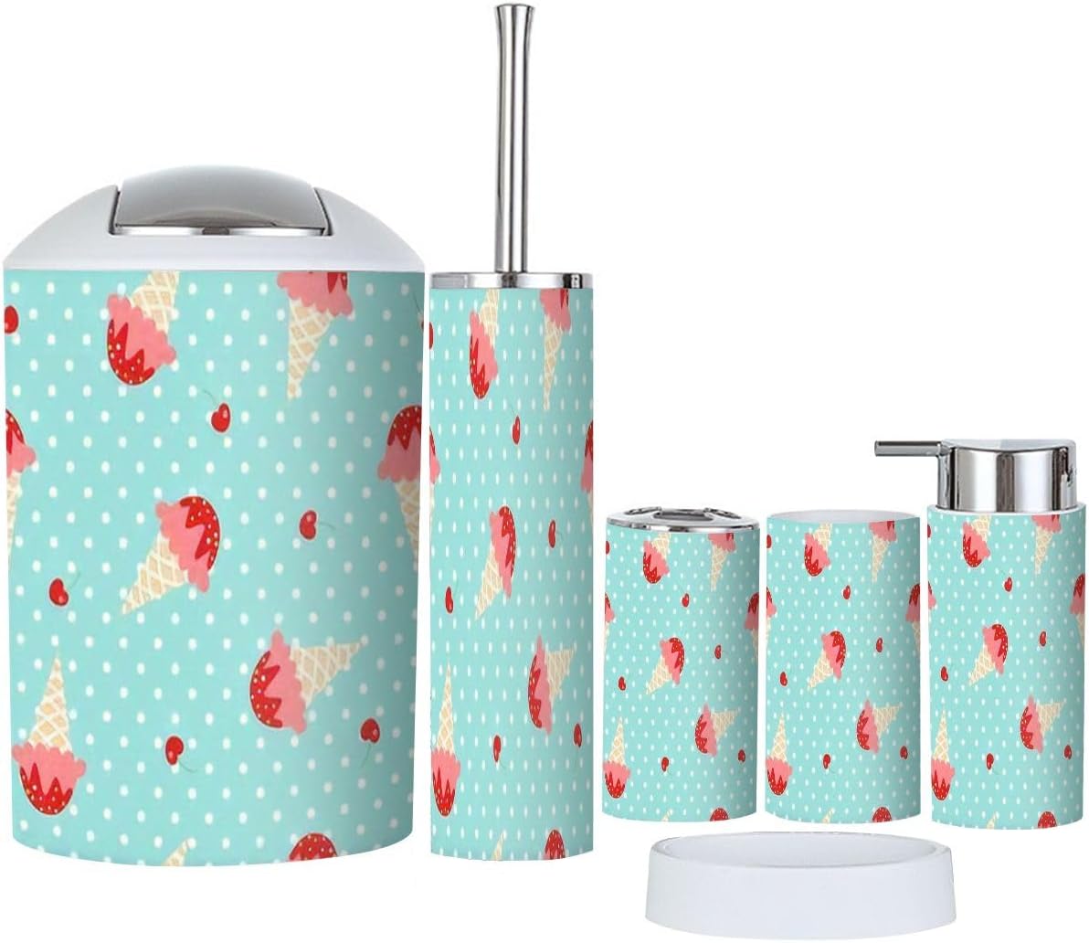 6 Pcs Ice Cream Polka Dots Bathroom Accessories Set