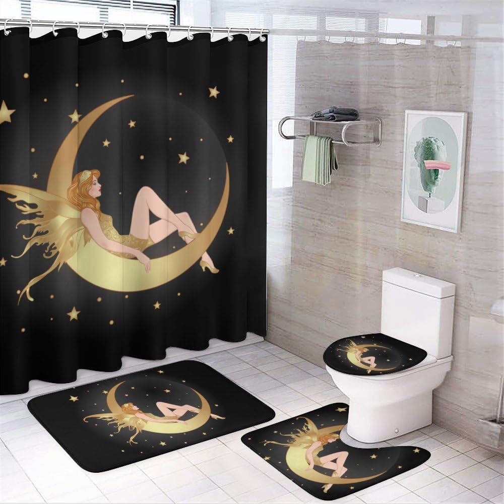 Kuizee 4-Piece Shower Curtain Set with Non-Slip Rugs and Hooks