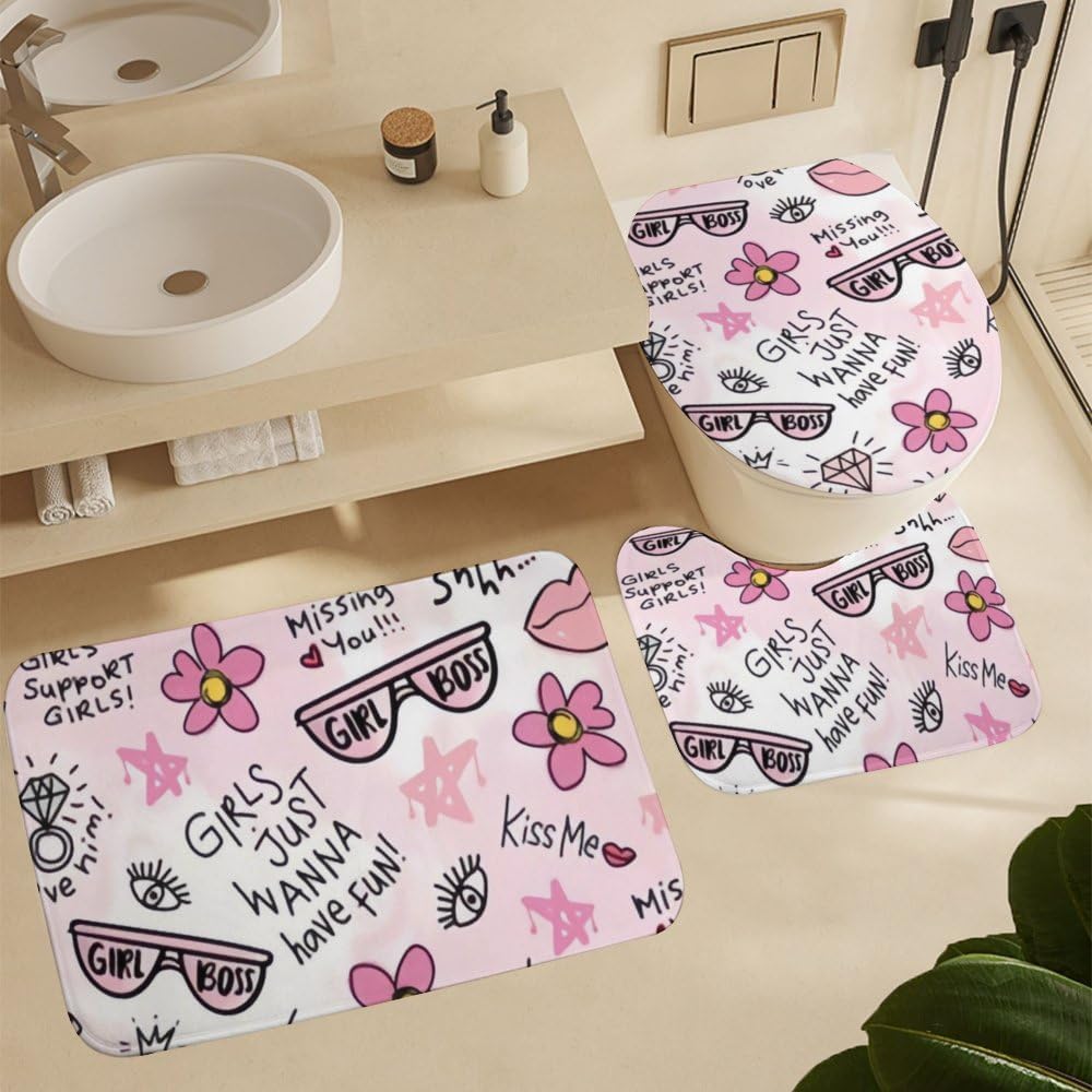 Kuizee 4-Piece Shower Curtain Set with Pink Flower Doodle Rugs