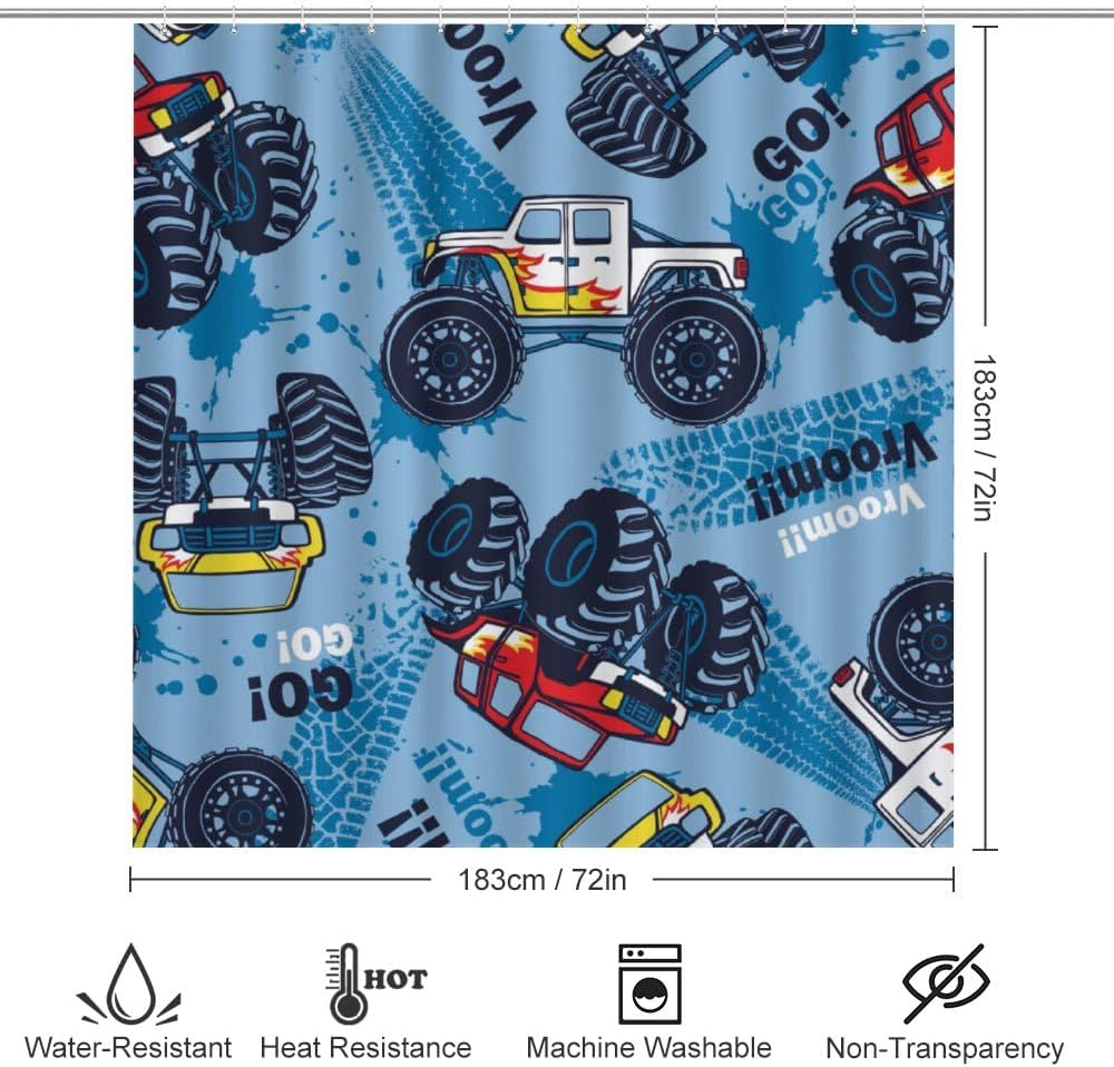 Kuizee 4-Piece Monster Truck Shower Curtain Set with Rugs and 12 Hooks
