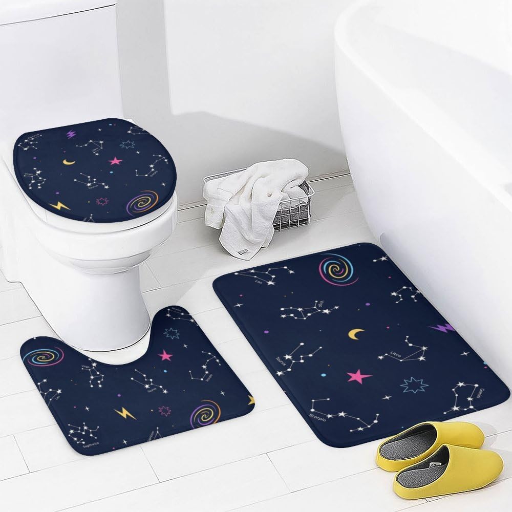 Kuizee 4-Piece Shower Curtain Set with Rugs - Zodiac Constellation Design