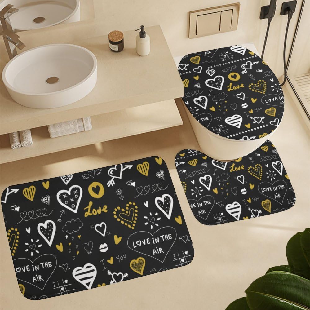 Kuizee 4-Piece Shower Curtain Set with Doodles and Rugs