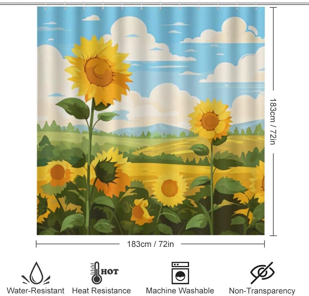 Kuizee 4-Piece Shower Curtain Set with Rugs Sunflower Field