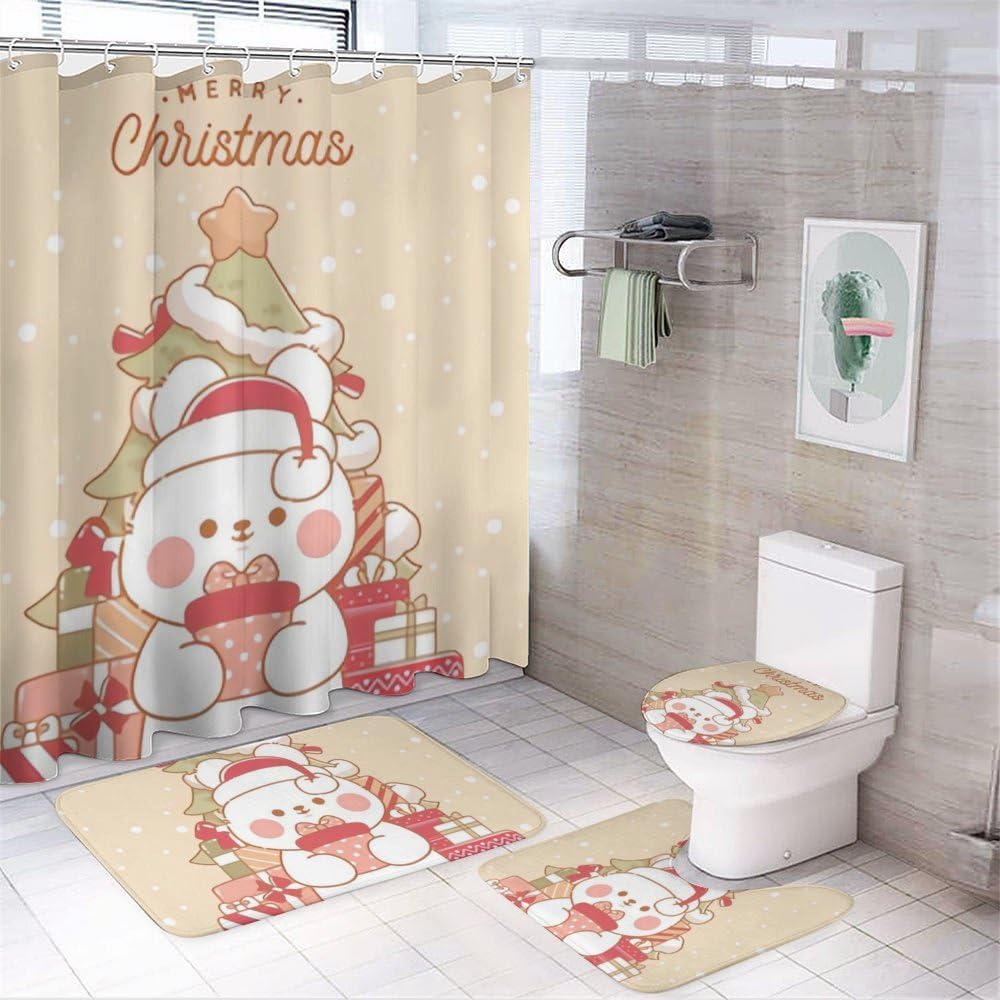 Kuizee 4-Piece Dog Animal Shower Curtain Set with Rugs