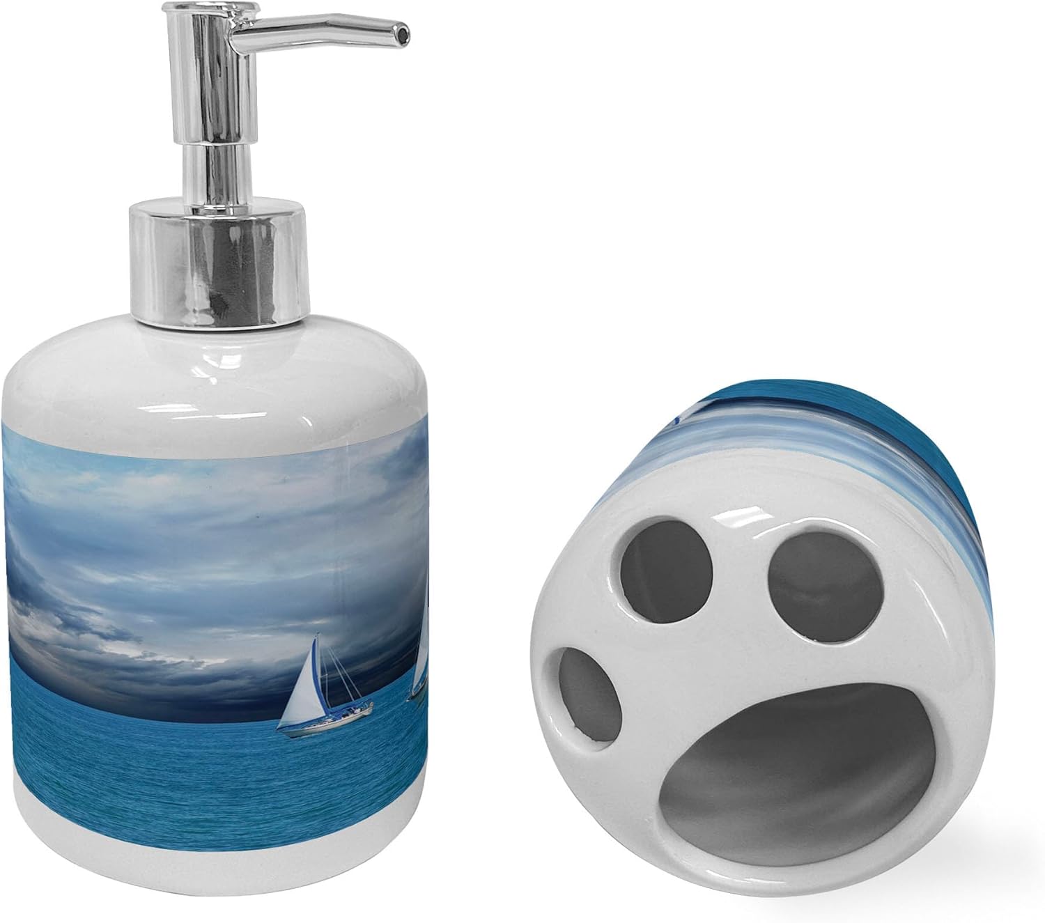 Ambesonne Ceramic Soap Toothbrush Holder Set Blue Grey Blue White