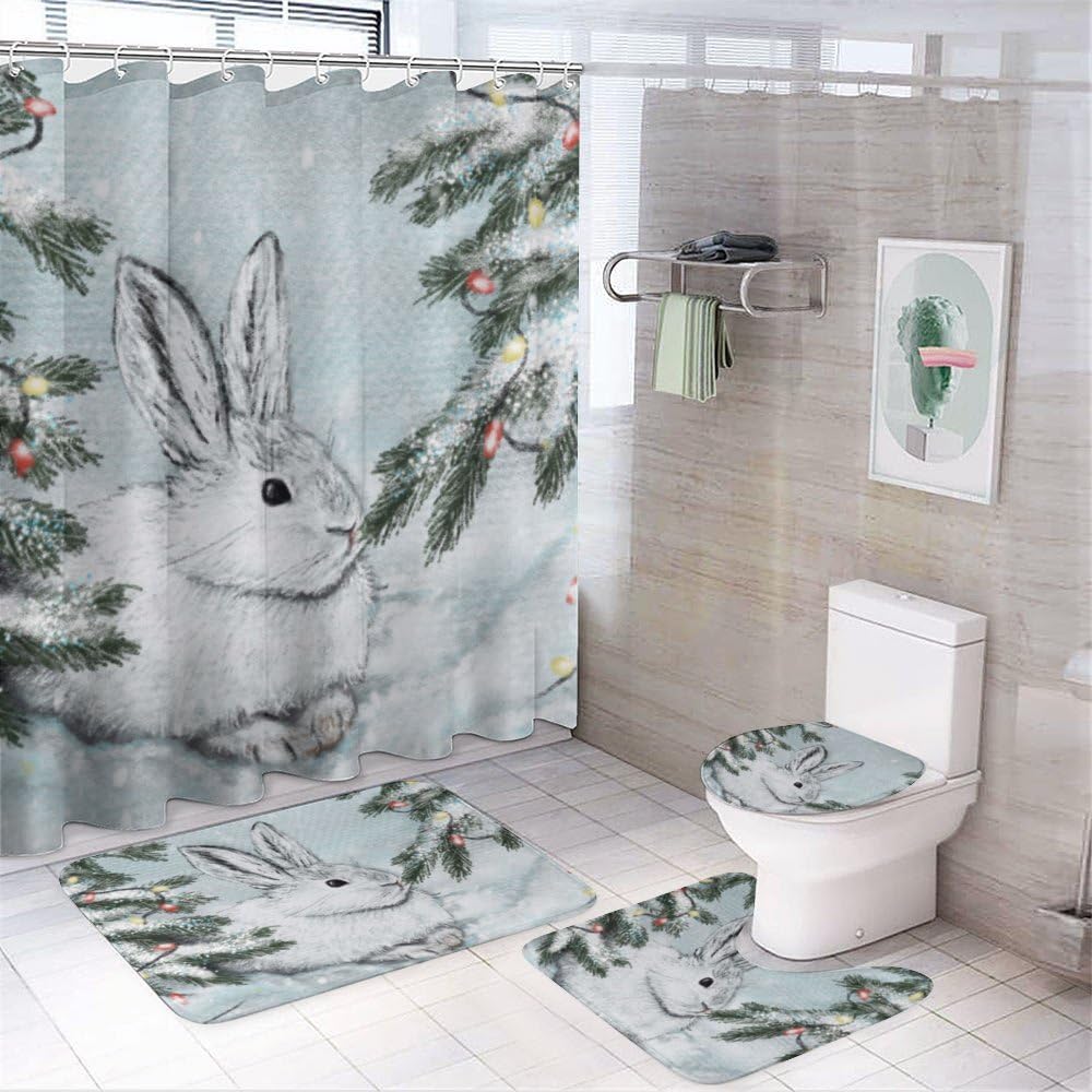 Kuizee 4 Piece White Hare Snow Shower Set with Rugs and 12 Hooks
