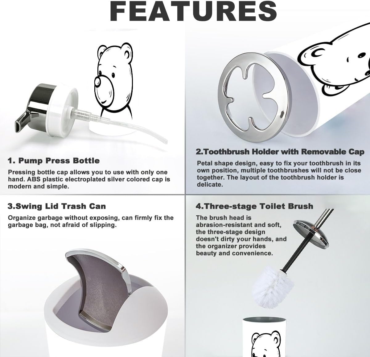 Bathroom Accessories Set 6 Pcs Teddy Bear Decor 1