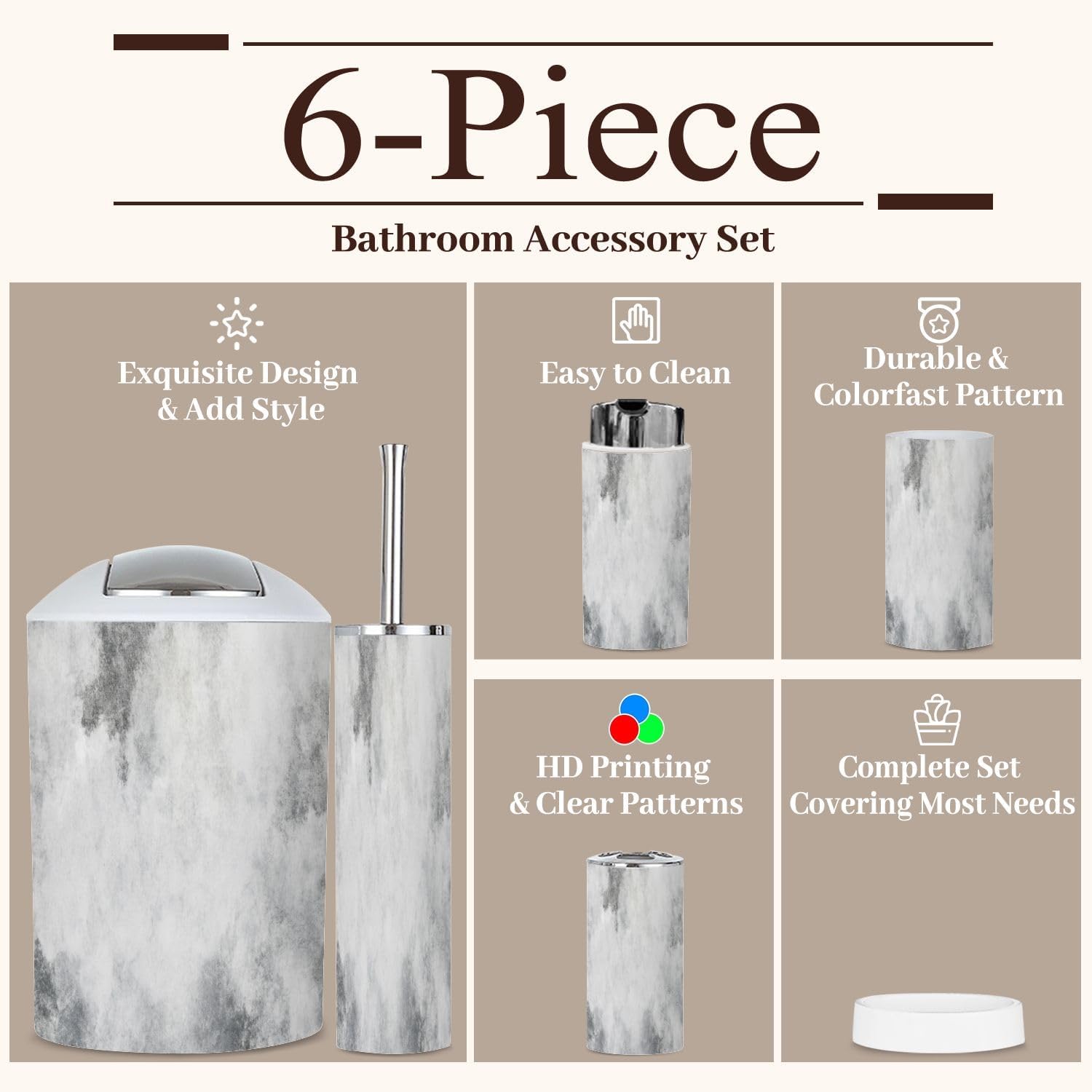6 Piece Bathroom Accessories Set White Concrete Texture