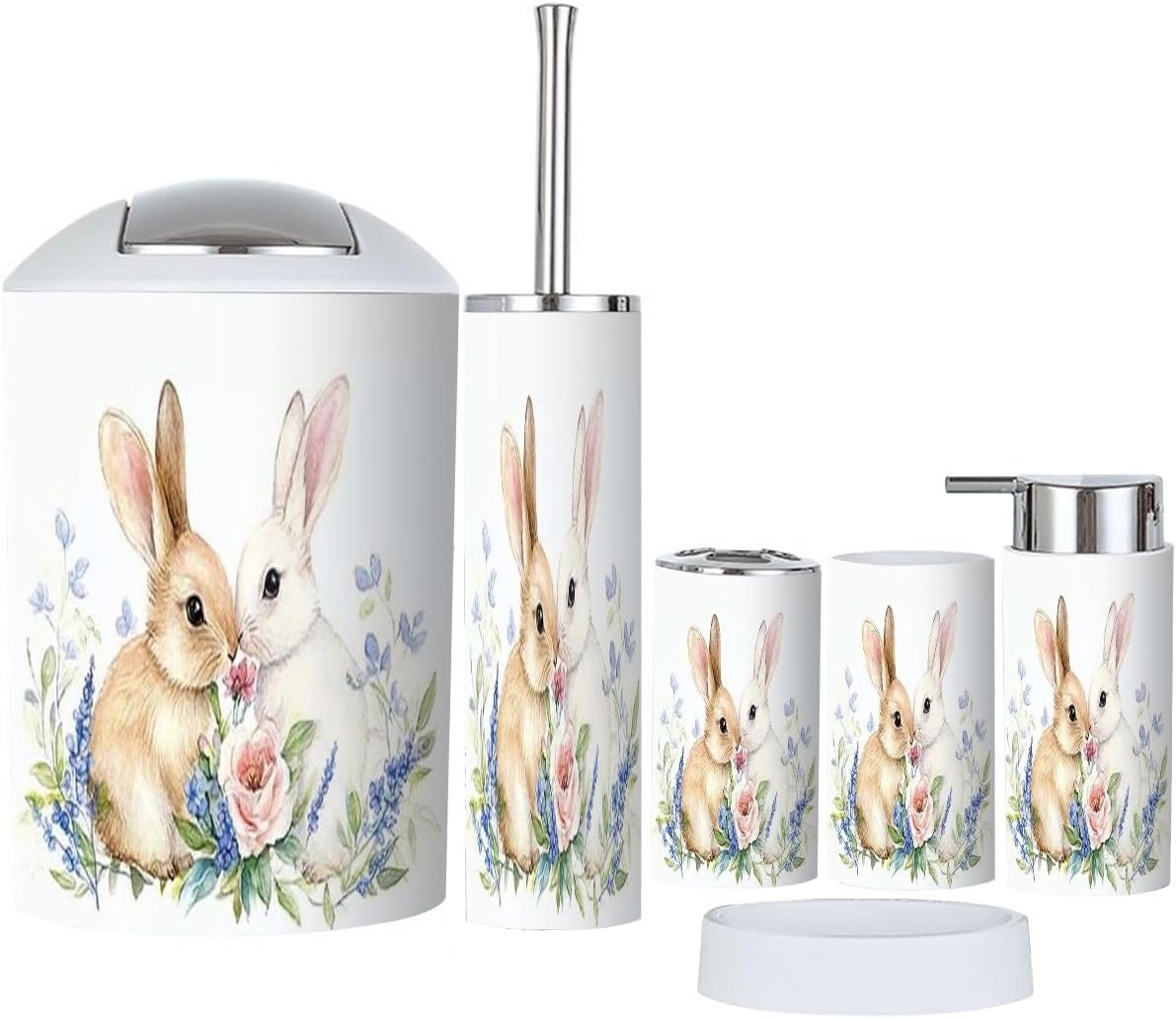 Boho Bathroom Accessory Set 6 Piece with Cute Bunnies and Flowers
