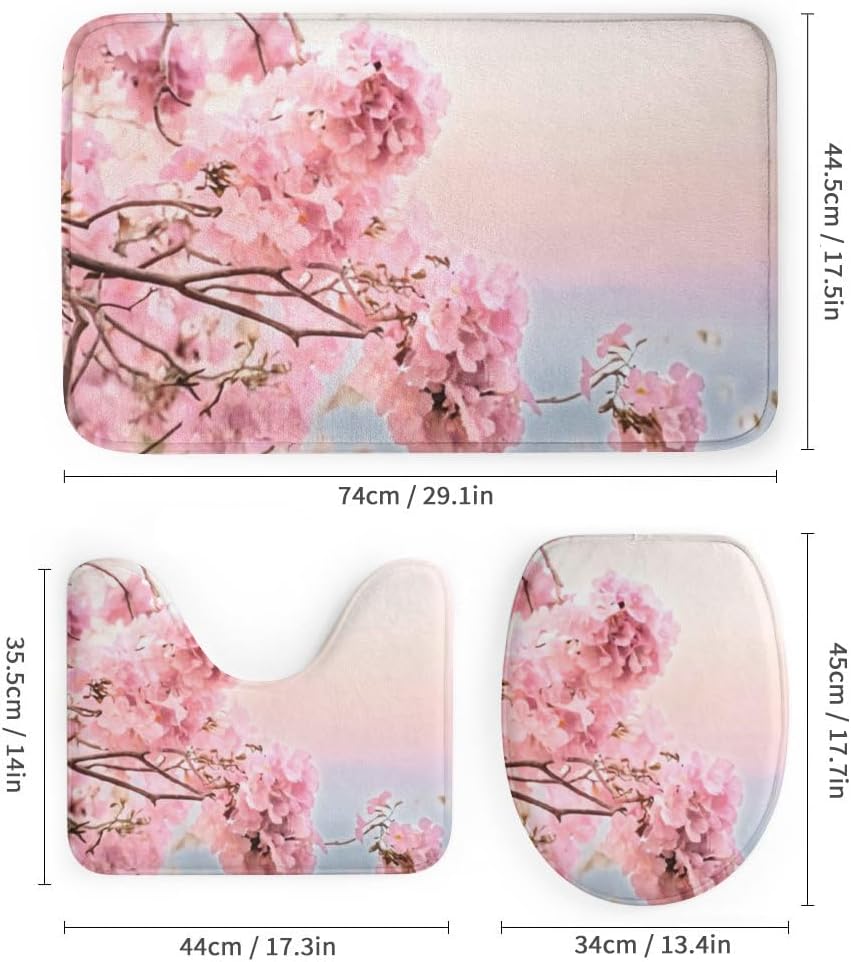 Kuizee 4 Piece Shower Curtain Set with Rugs Pink Floral Design