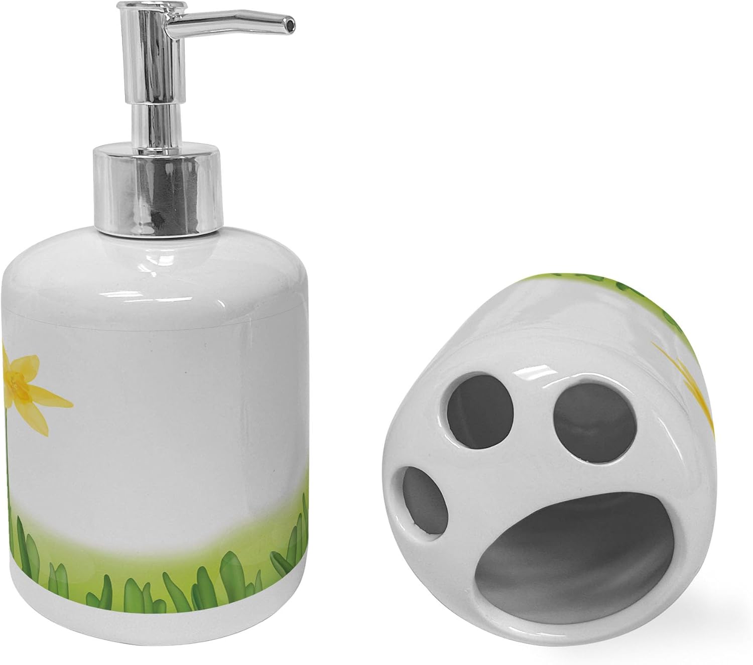 Ambesonne Daffodil Ceramic Soap Dispenser Toothbrush Holder Set