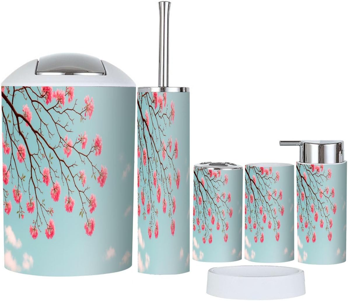 Boho Cherry Blossom Bathroom Accessory Set of 6