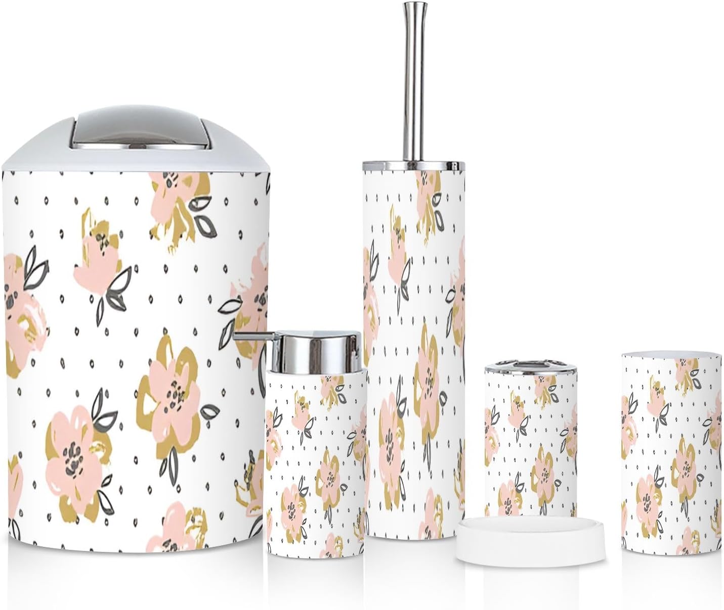 6 Piece Bathroom Accessory Set Pink Gold Floral Design