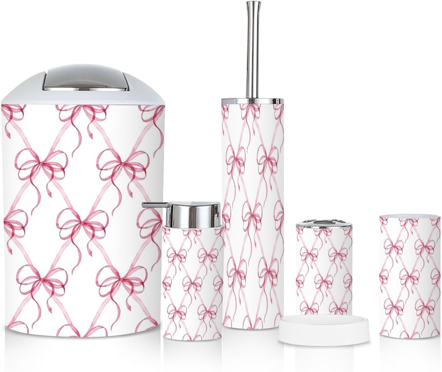 6 Piece Bathroom Accessories Set with Pink Ribbons