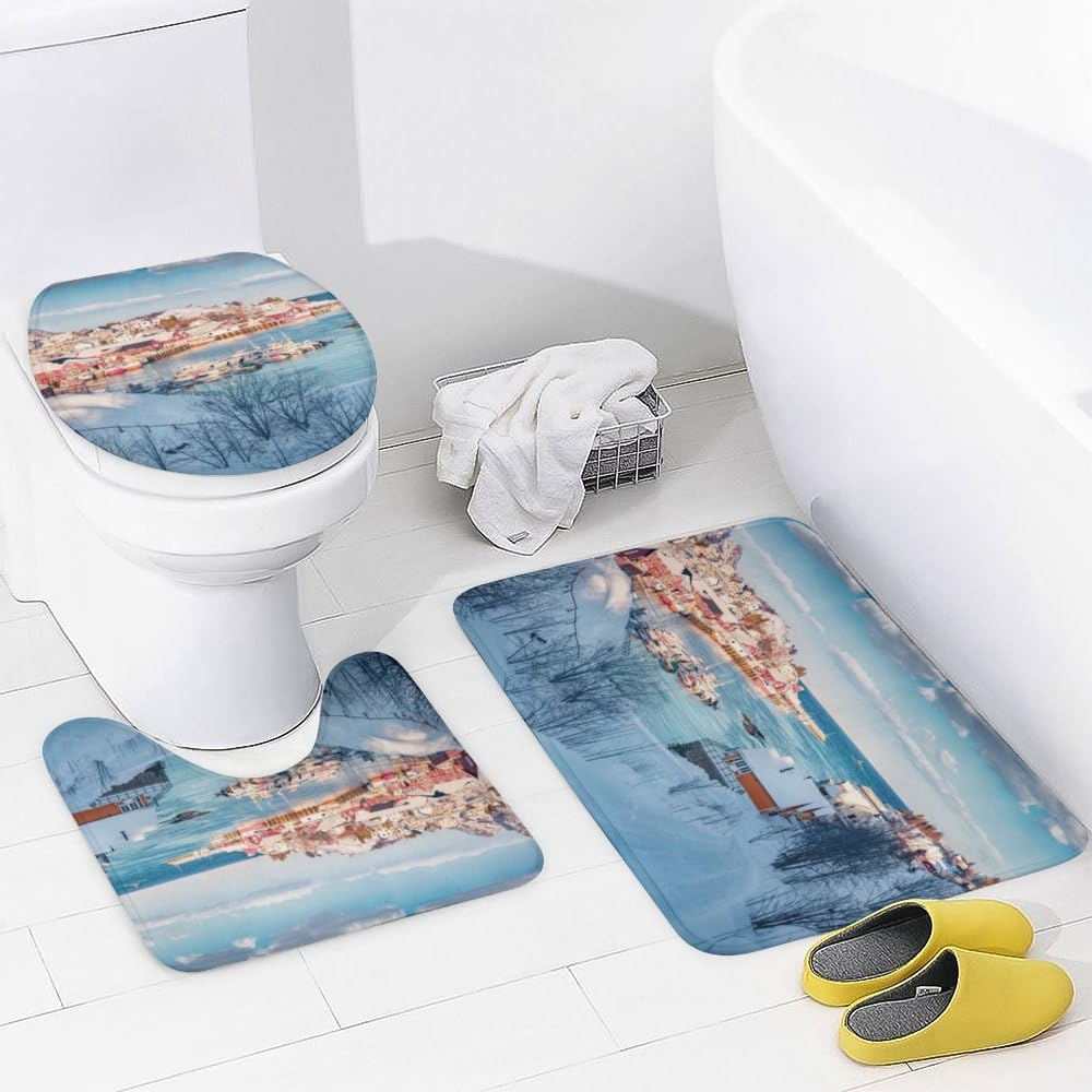 Kuizee 4 Piece Winter Scene Shower Curtain Set with Rugs and 12 Hooks