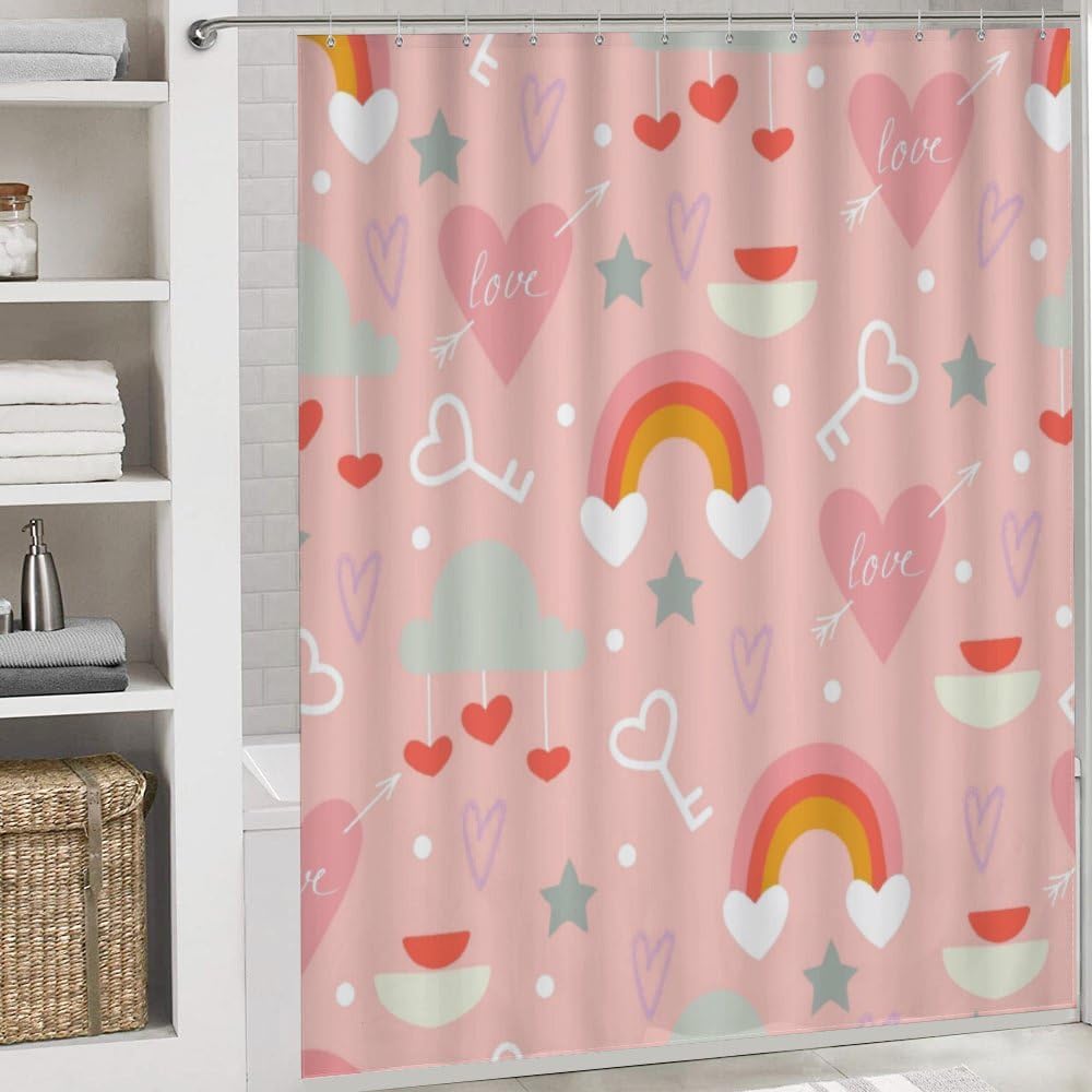 Kuizee 4-Piece Shower Curtain Set with Rugs - Happy Valentine Pink