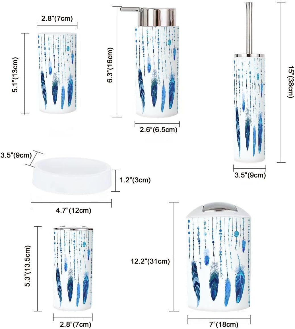Bathroom Accessories Set 6 Pcs Ethnic Feathers Decor