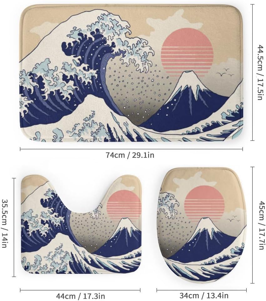 Kuizee 4 Piece Japanese Wave Shower Curtain Set with Non-Slip Mats
