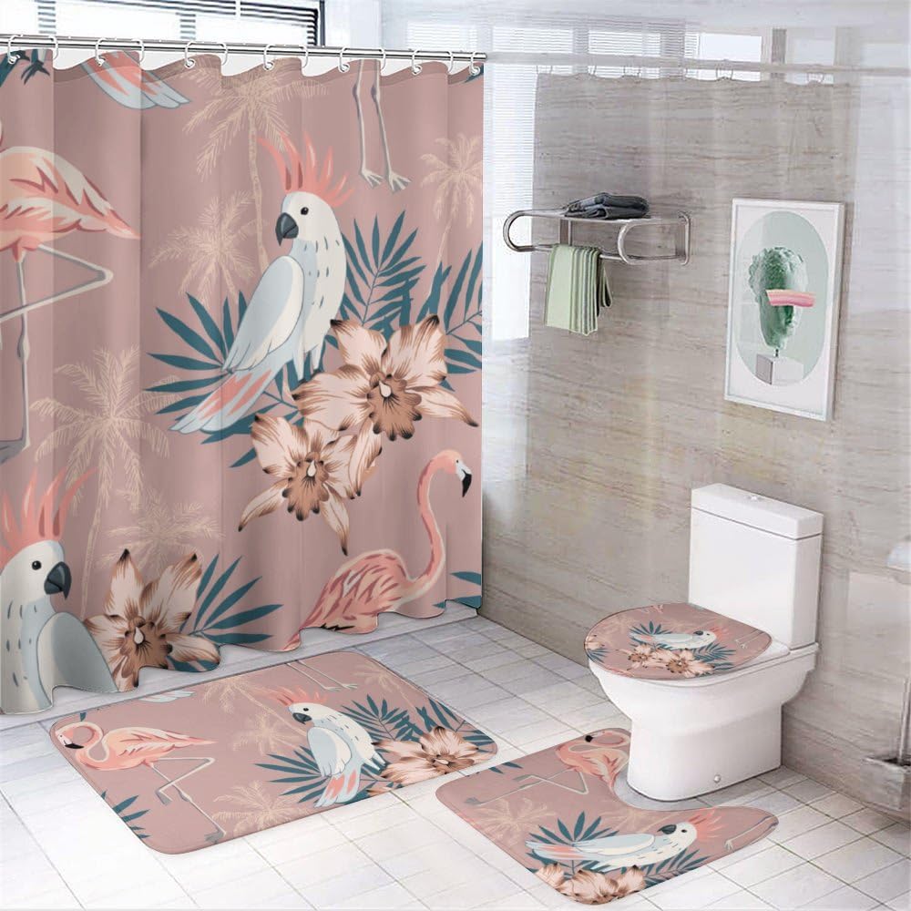 Kuizee Tropical Pink Flamingo Shower Curtain Set with Rugs 4 Pieces