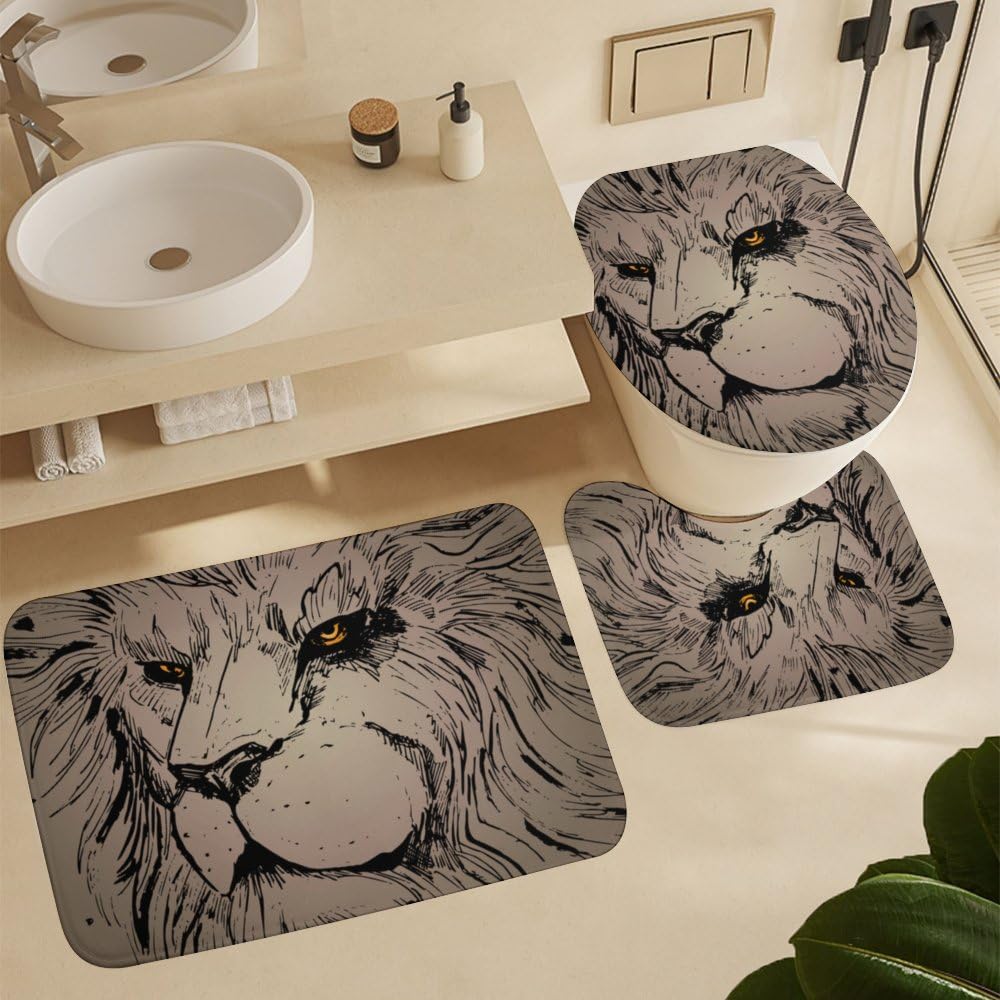 Kuizee 4 Piece Grunge Abstract Lion Shower Curtain Set with Non-Slip Rugs