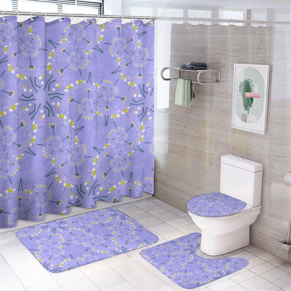 Kuizee 4-Piece Shower Curtain Set with Rugs Light Purple Dandelions 1