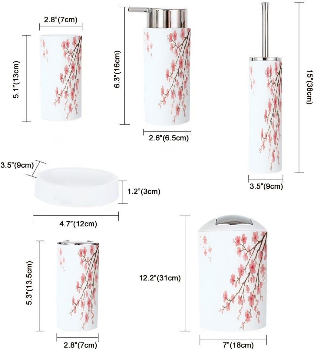Boho Bathroom Accessory Set 6 Piece Cherry Blossom Design