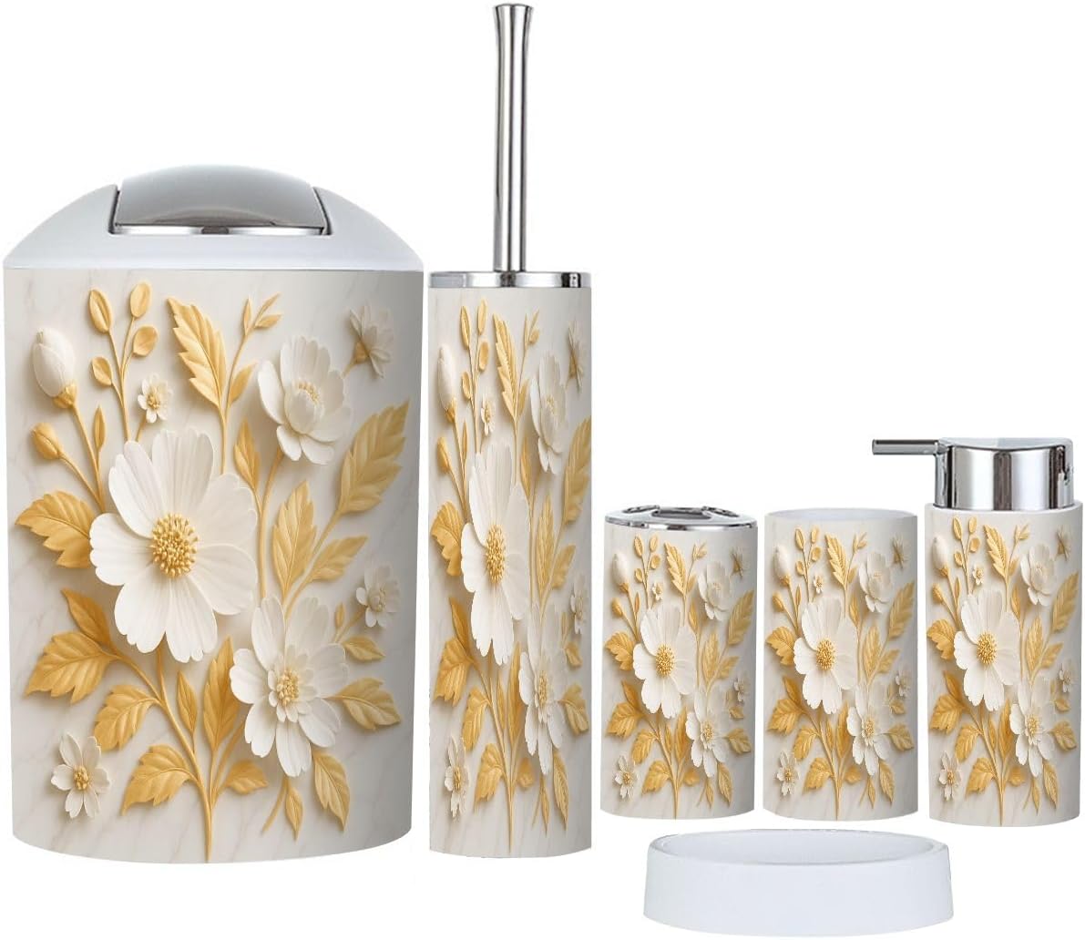 Boho White Gold 3D Flowers Bathroom Accessory Set 6 Piece